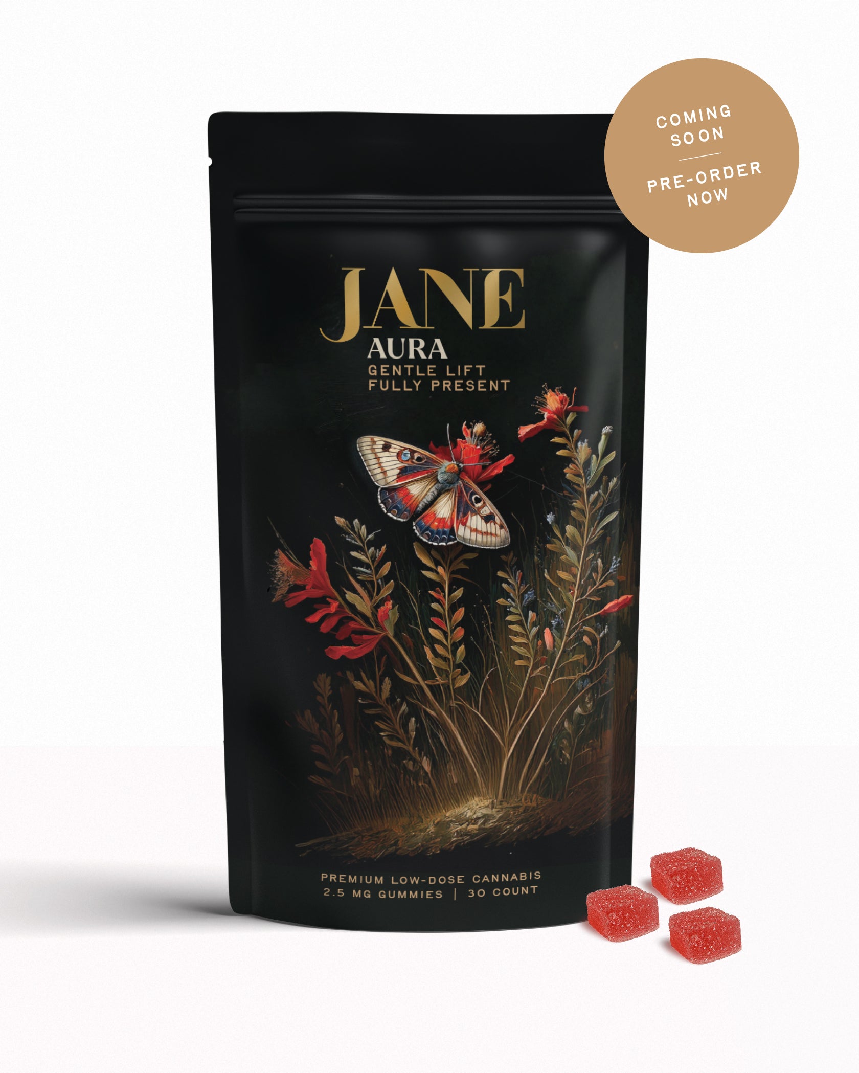 Product packaging for Jane Product: AURA with text "Coming Soon. Pre-order Now"