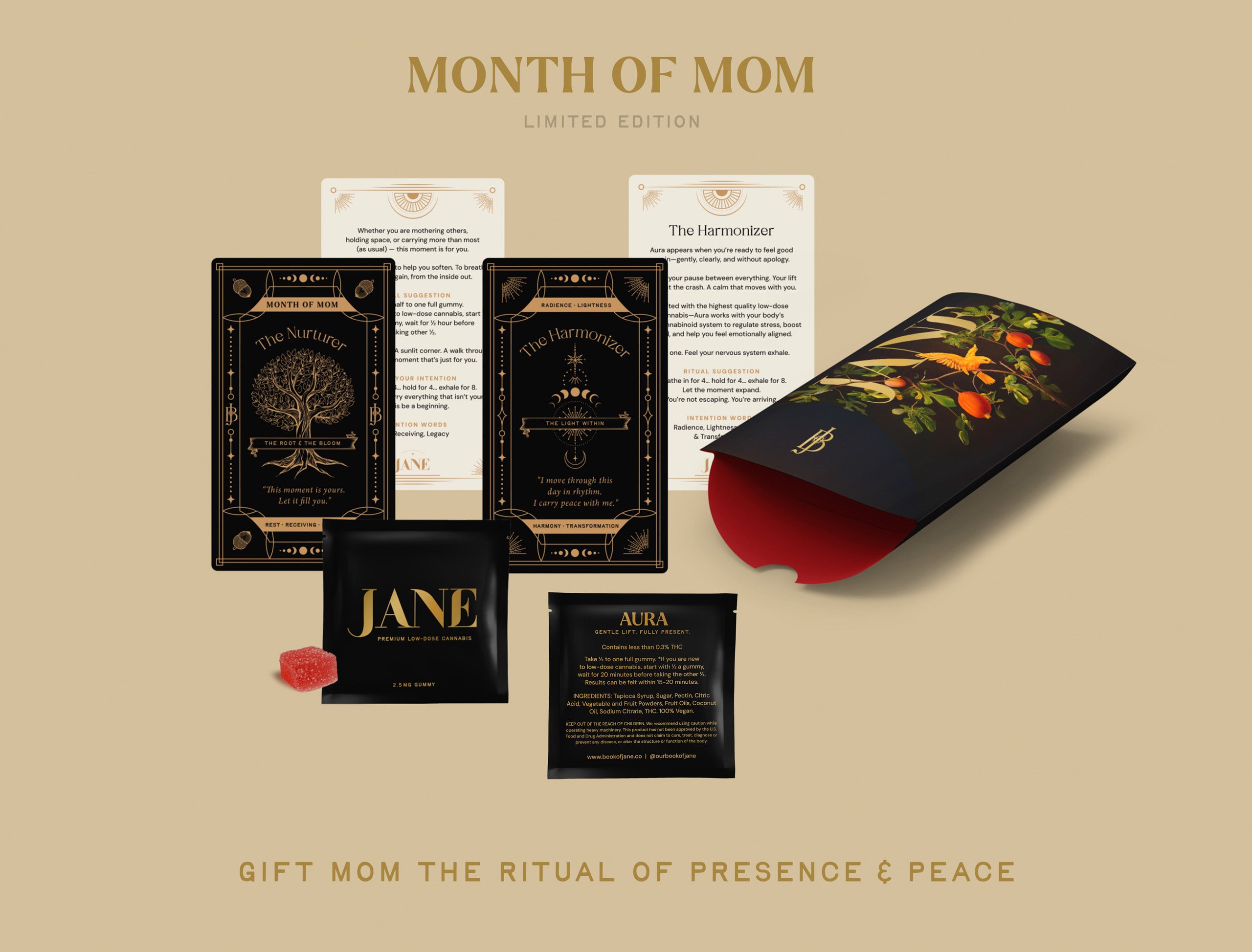 Text "MONTH OF MOM. LIMITED EDITION. GIFT MOM THE RITUAL OF PRESENCE & PEACE" Product images of The Ritual: Mother's Edition.